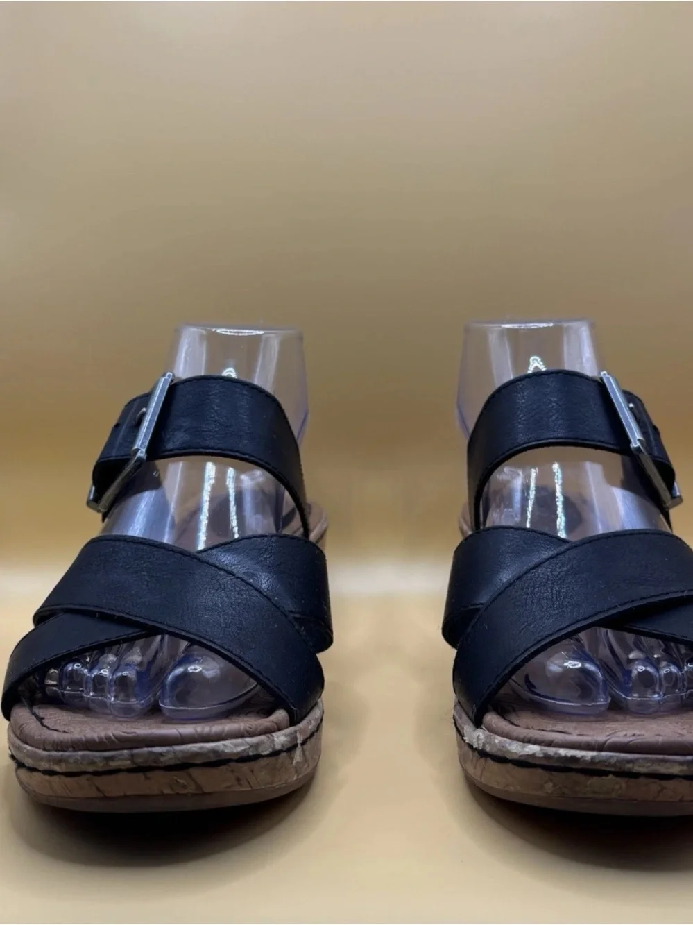 BOC Born Concept Wedge Sandals Womens 8M Black Criss Cross Buckle Cork Look